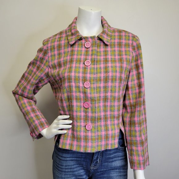 Vtg 60s Handmade Mad Men Pink Plaid Wool Blend Cropped Blazer Jacket Womens M - Picture 9 of 14